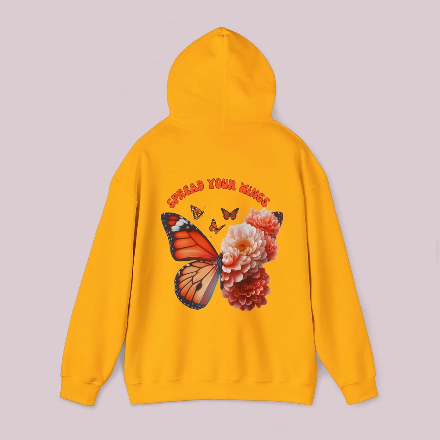 "Spread Your Wings Butterfly and Flowers Hoodie in vibrant yellow with butterfly and floral design on back"