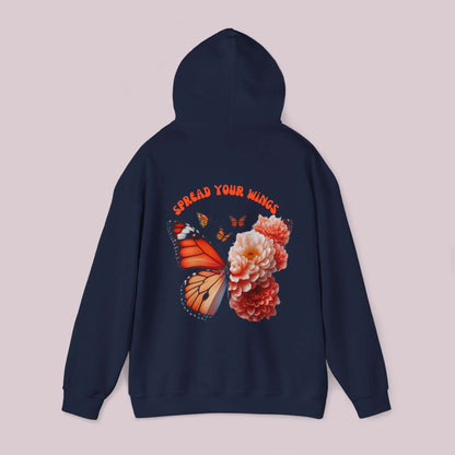 "Spread Your Wings Butterfly and Flowers Hoodie in soft high-quality fabric, featuring vibrant butterfly and flowers design on the back."