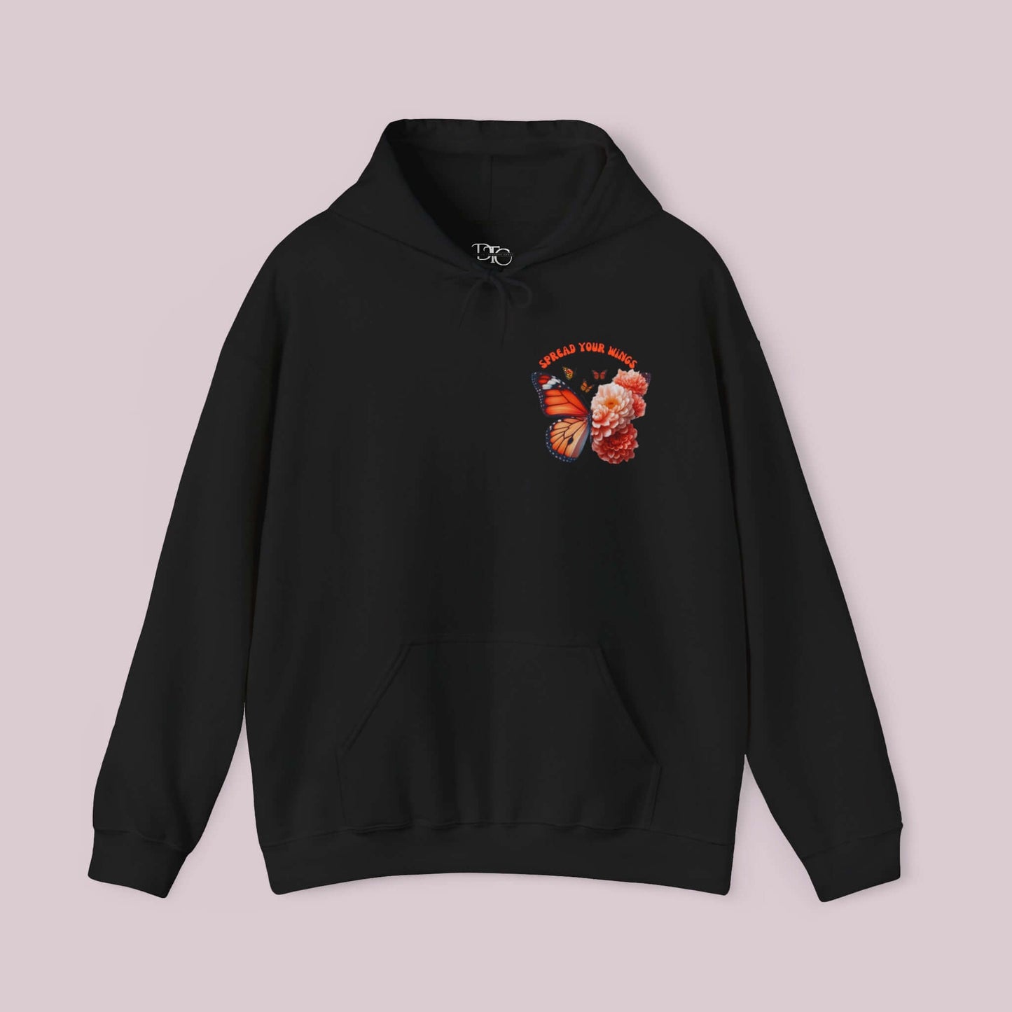 Black "Spread Your Wings" hoodie with butterfly and flowers design, made of soft, high-quality fabric for comfort and positivity.