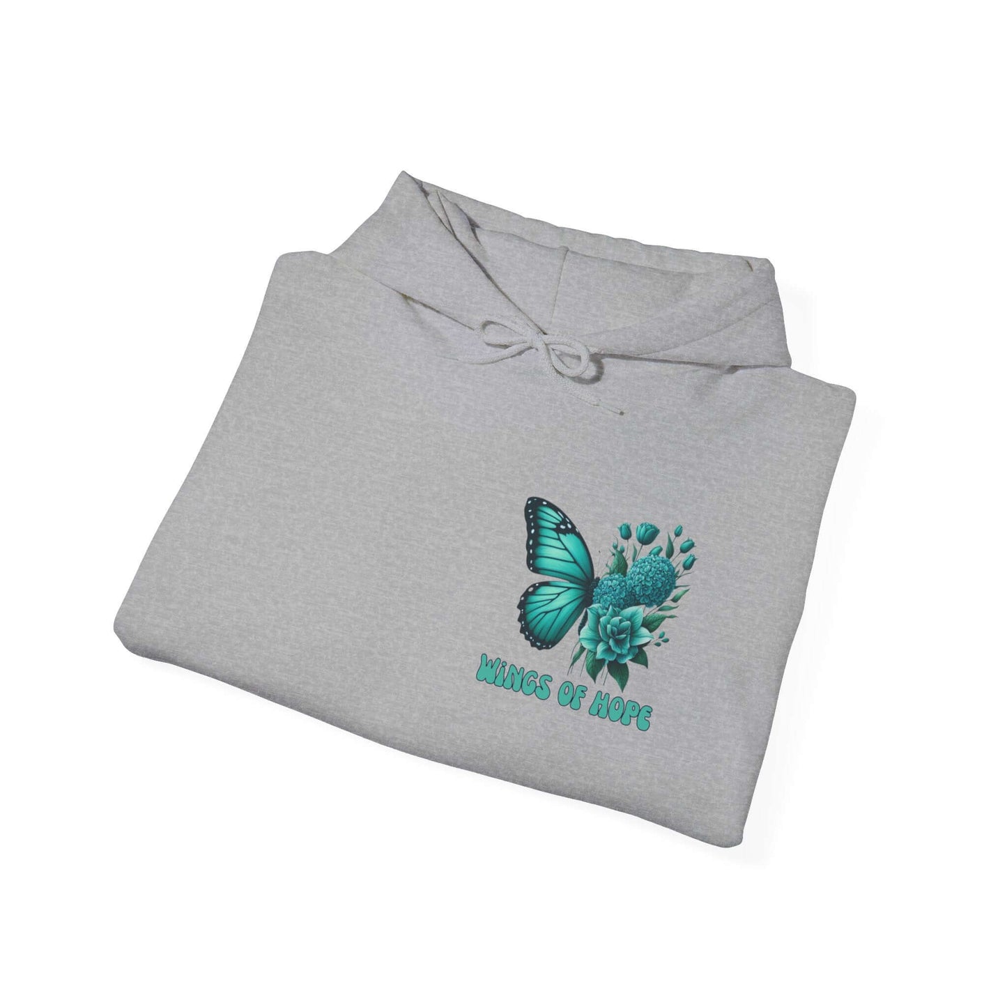 "Wings Of Hope Butterfly and Flowers Hoodie in gray with butterfly and floral design"