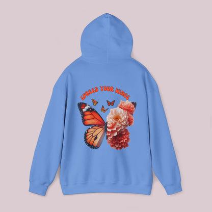 "Spread Your Wings Butterfly and Flowers Hoodie in blue, featuring a vibrant butterfly and floral design on the back for comfort and inspiration"