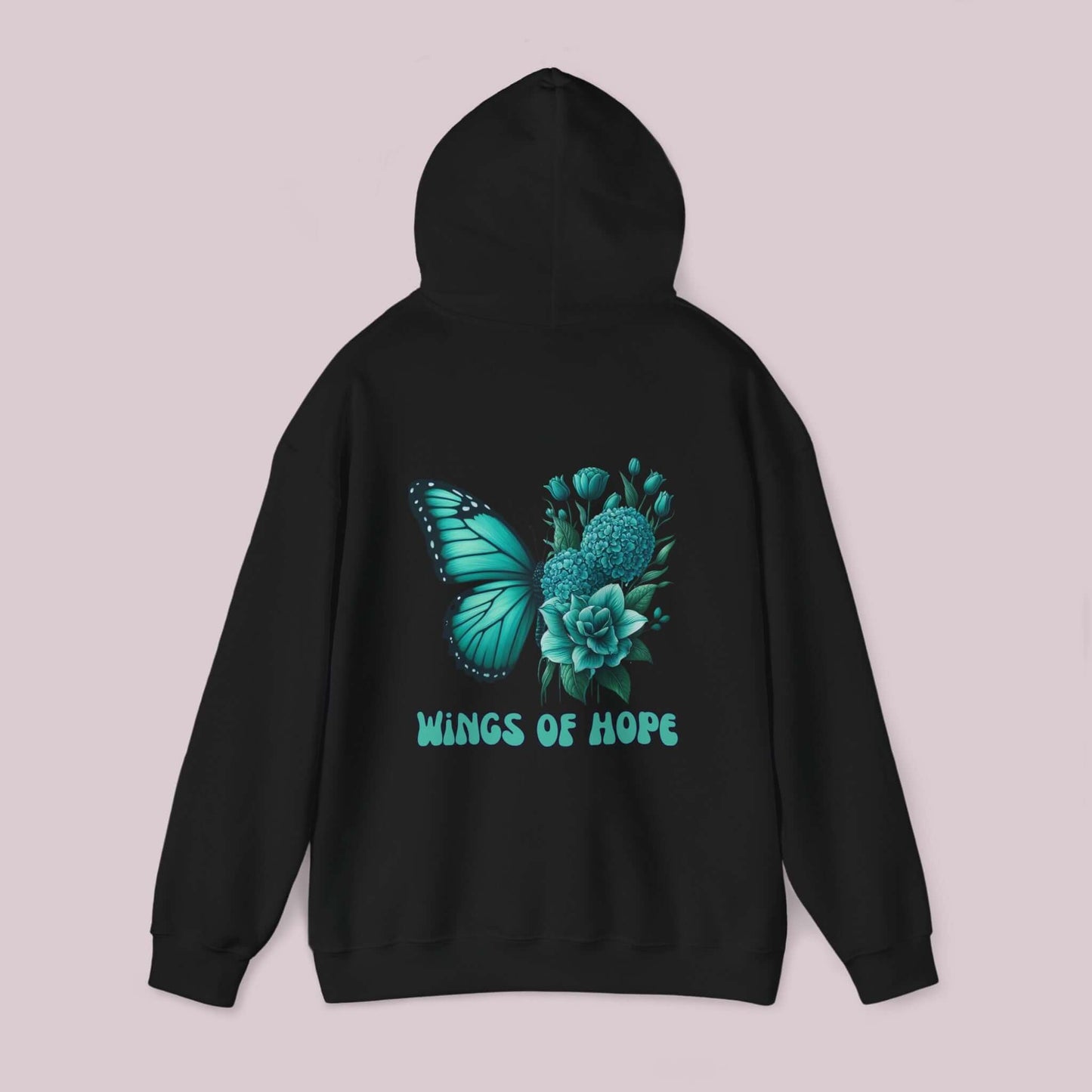 "Wings Of Hope Butterfly and Flowers Hoodie with inspiring butterfly and floral design on black fabric"