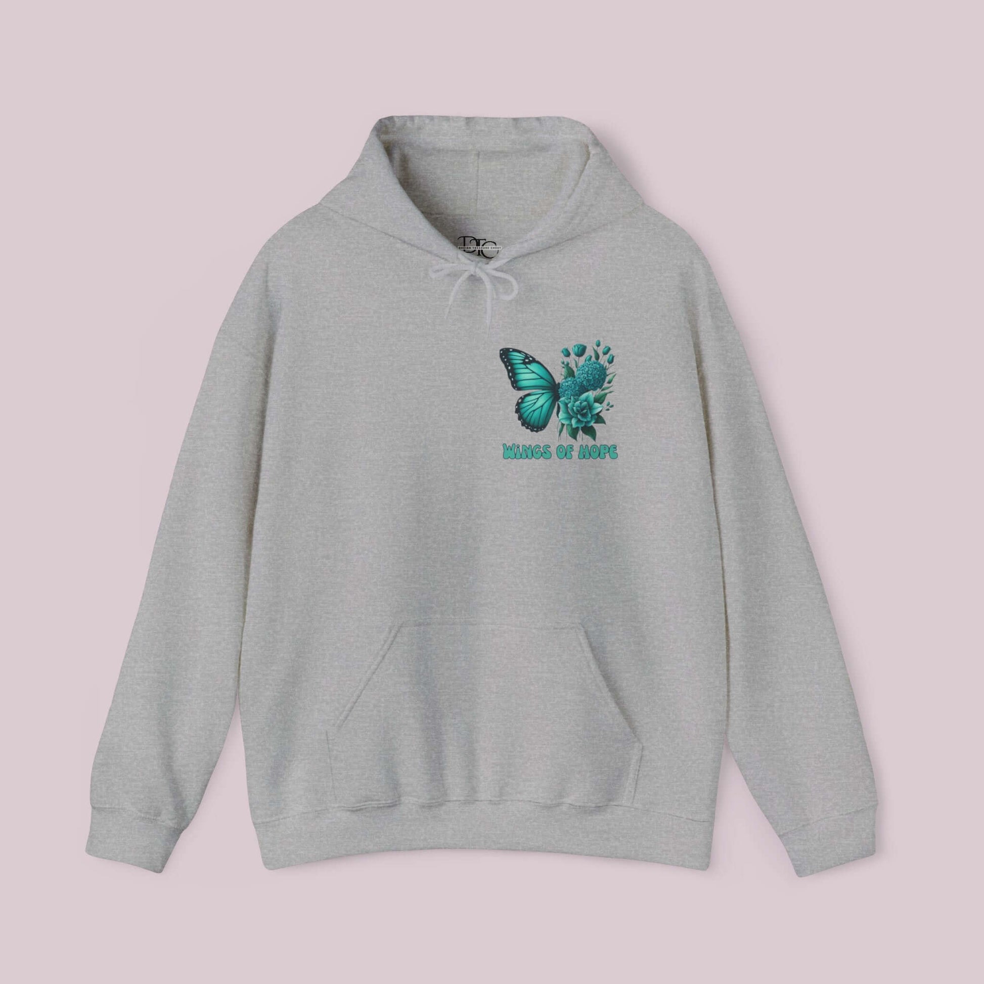 Grey "Wings Of Hope" hoodie featuring a butterfly and flowers design on a soft, high-quality fabric for comfort and style.