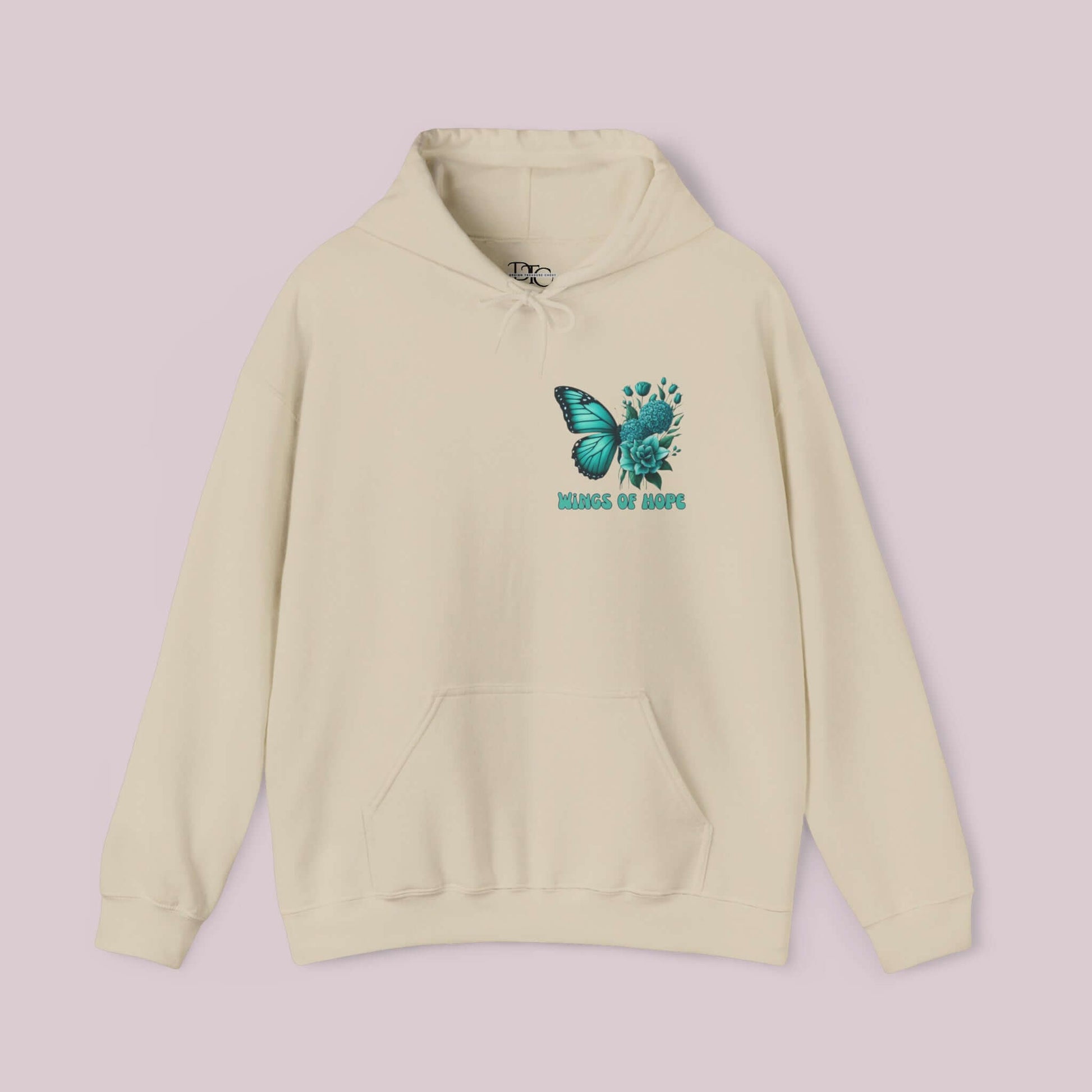 Wings Of Hope Butterfly and Flowers Hoodie in beige color with vibrant butterfly and flowers design on the front