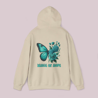 Wings Of Hope Butterfly and Flowers Hoodie, soft fabric, high-quality, cozy and inspiring design, butterfly and floral print, back view.