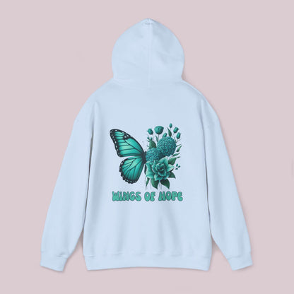 "Wings Of Hope Butterfly and Flowers Hoodie in light blue with green butterfly and floral design"