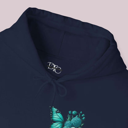 "Wings Of Hope Butterfly and Flowers Hoodie detail showing butterfly and floral design on soft high-quality fabric"