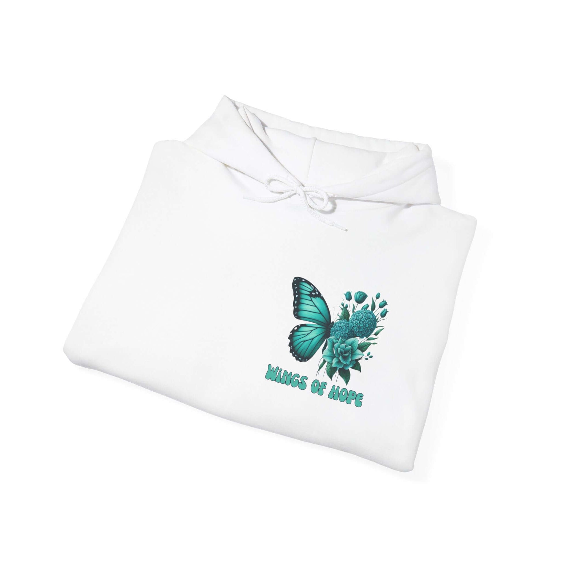 White hoodie with 'Wings of Hope' design, featuring a teal butterfly and flowers.