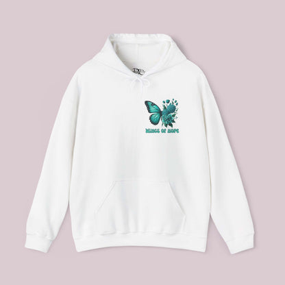 "Wings Of Hope Butterfly and Flowers Hoodie in white with teal butterfly and floral design"