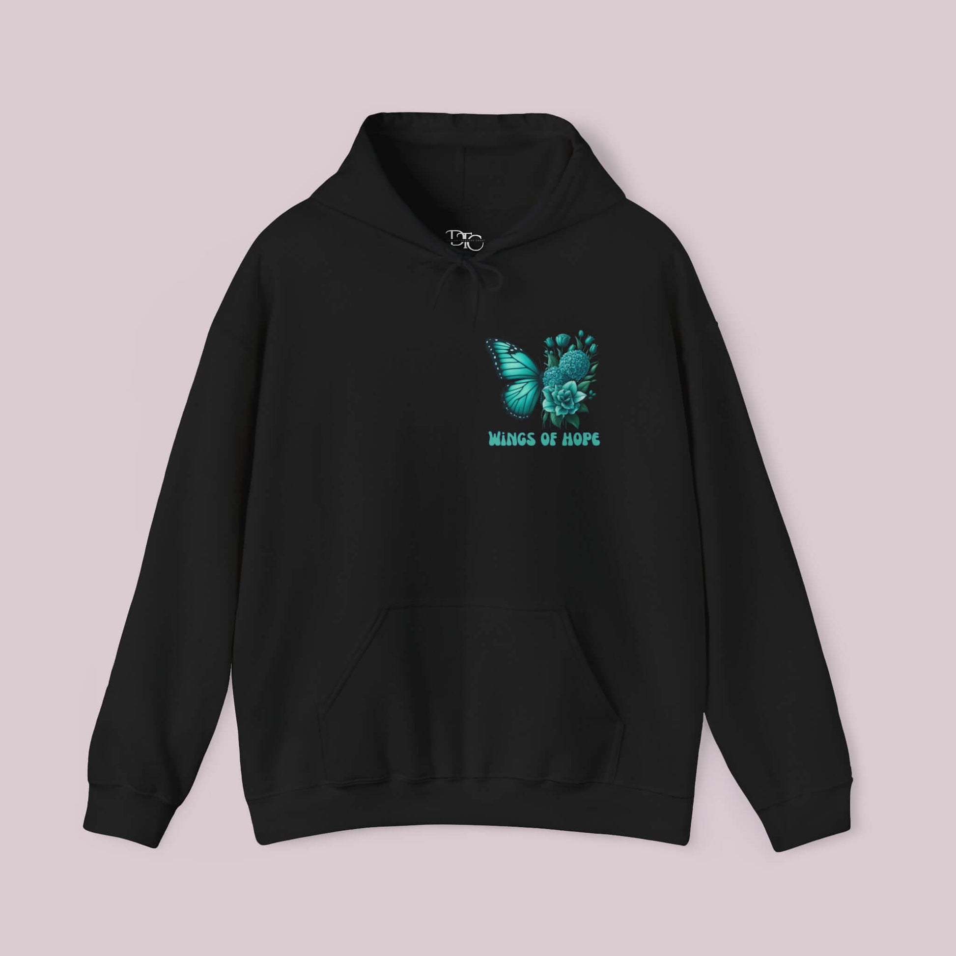 "Wings Of Hope Butterfly and Flowers Hoodie in black with teal butterfly and floral design"