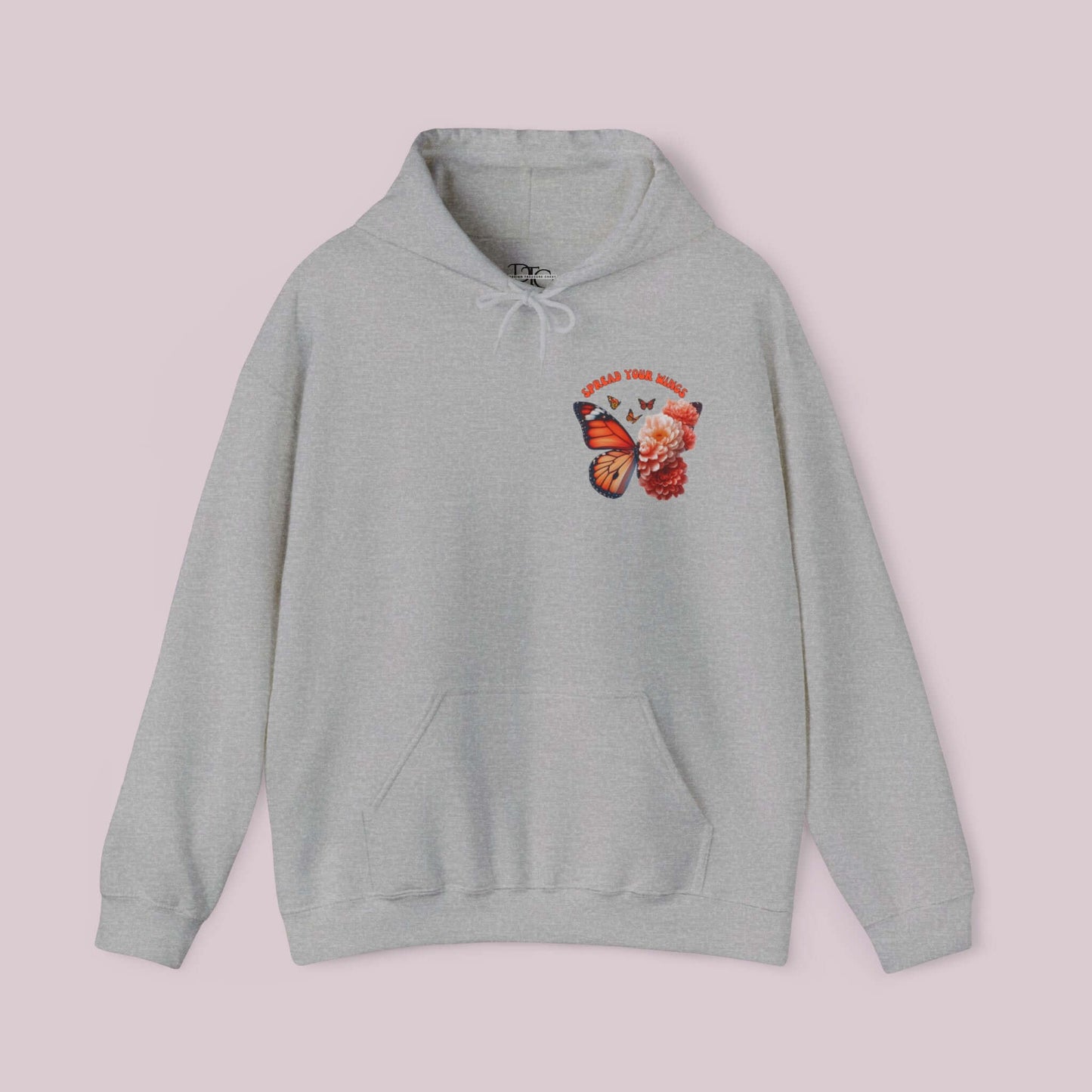 Grey "Spread Your Wings" hoodie featuring vibrant butterfly and flowers design, crafted from soft, high-quality fabric for comfort and style.