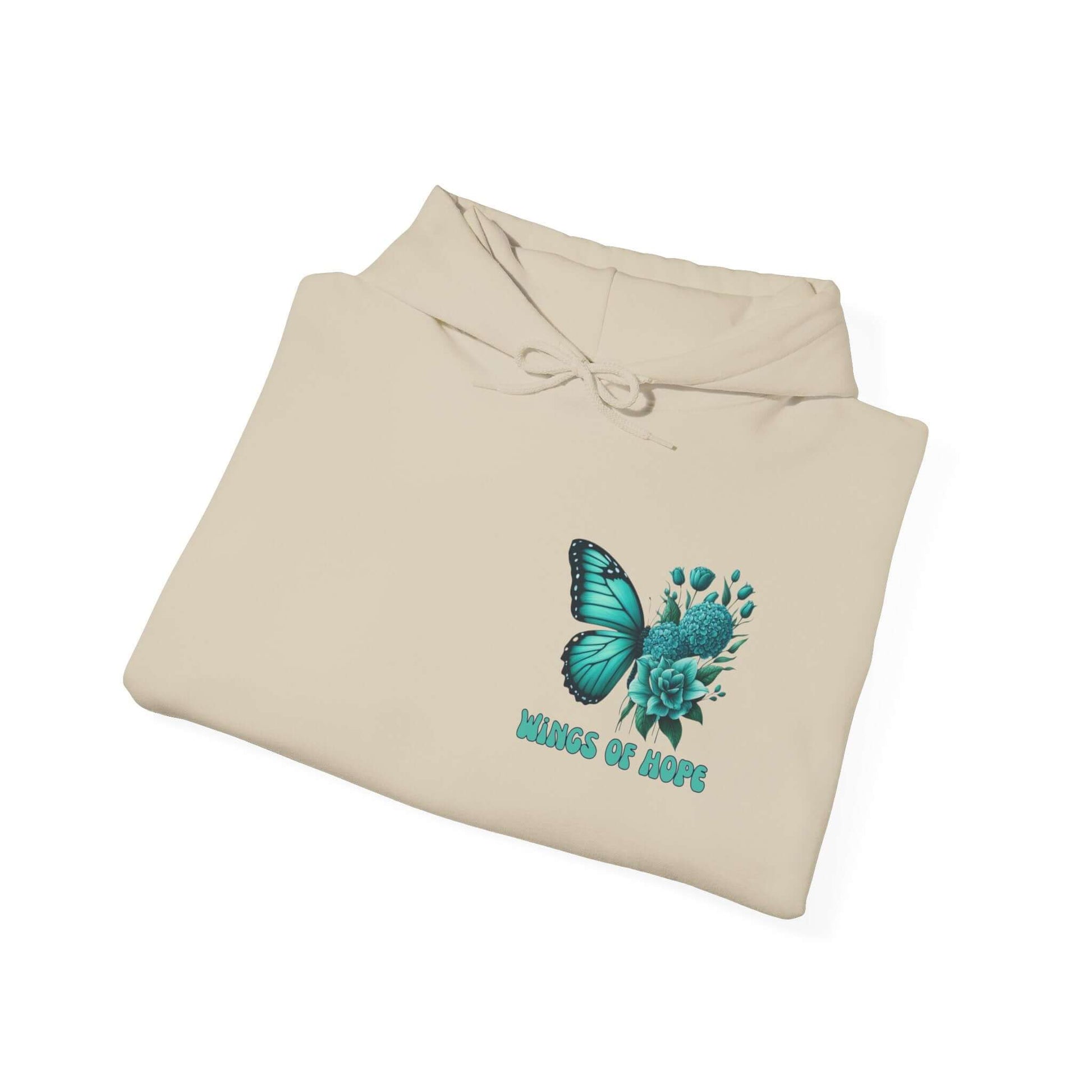 "Wings Of Hope Butterfly and Flowers Hoodie in beige featuring a blue butterfly and floral design, crafted from soft, high-quality fabric for comfort and style"