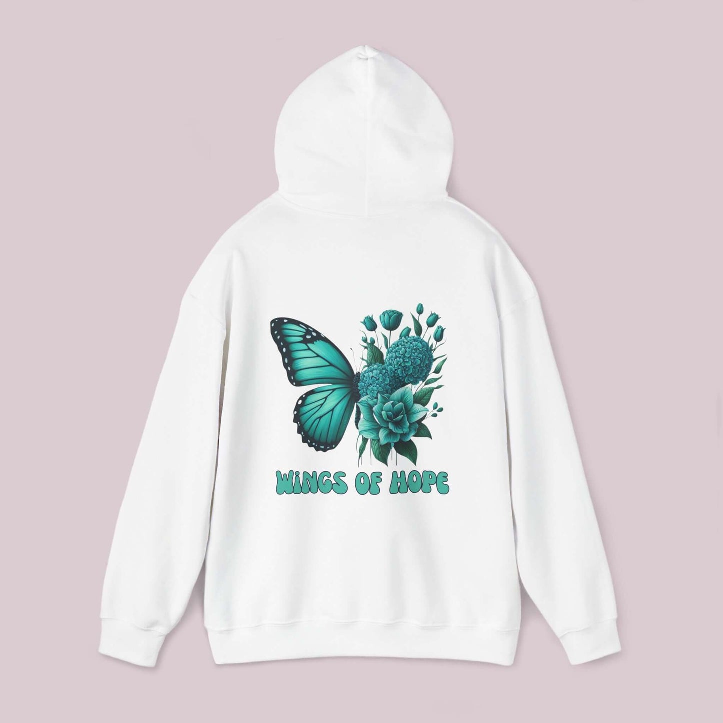 "Wings Of Hope Butterfly and Flowers Hoodie in white with green butterfly and flowers design on the back"