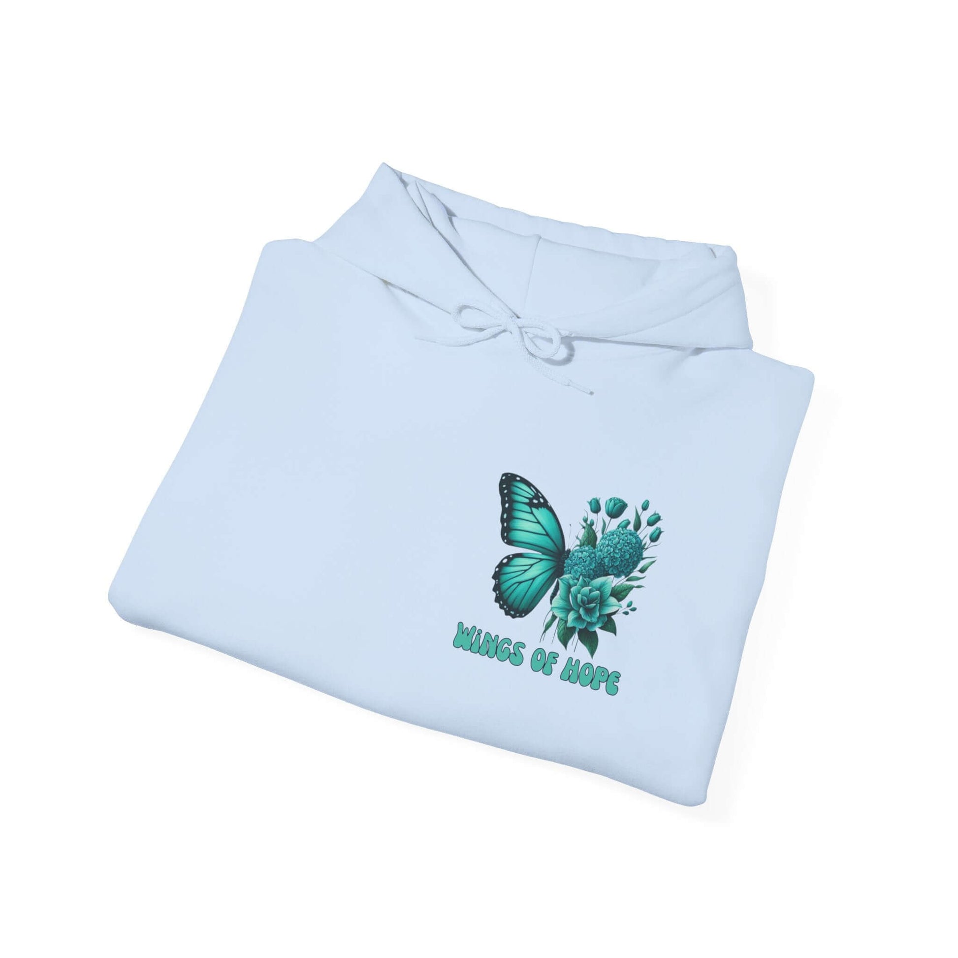 "Wings Of Hope Butterfly and Flowers Hoodie folded, featuring a teal butterfly and floral design on soft, high-quality fabric for comfort and style"