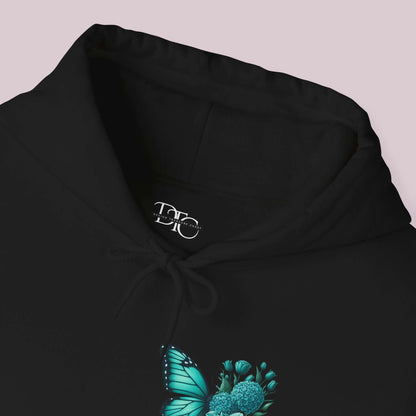 "Wings Of Hope Butterfly and Flowers Hoodie in soft high-quality fabric with captivating blue butterfly and flowers design"