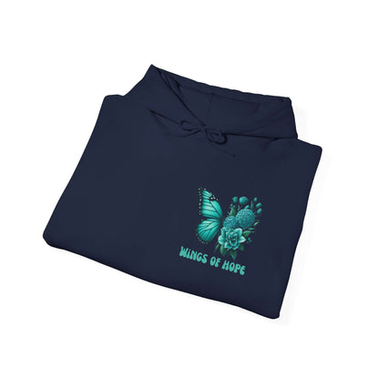 "Wings Of Hope Butterfly and Flowers Hoodie in navy with inspiring graphic design, made from soft, high-quality fabric for comfort and style."