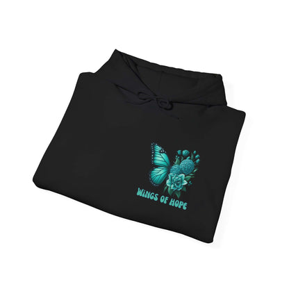 "Wings Of Hope Butterfly and Flowers Hoodie in black with inspiring butterfly and floral design"