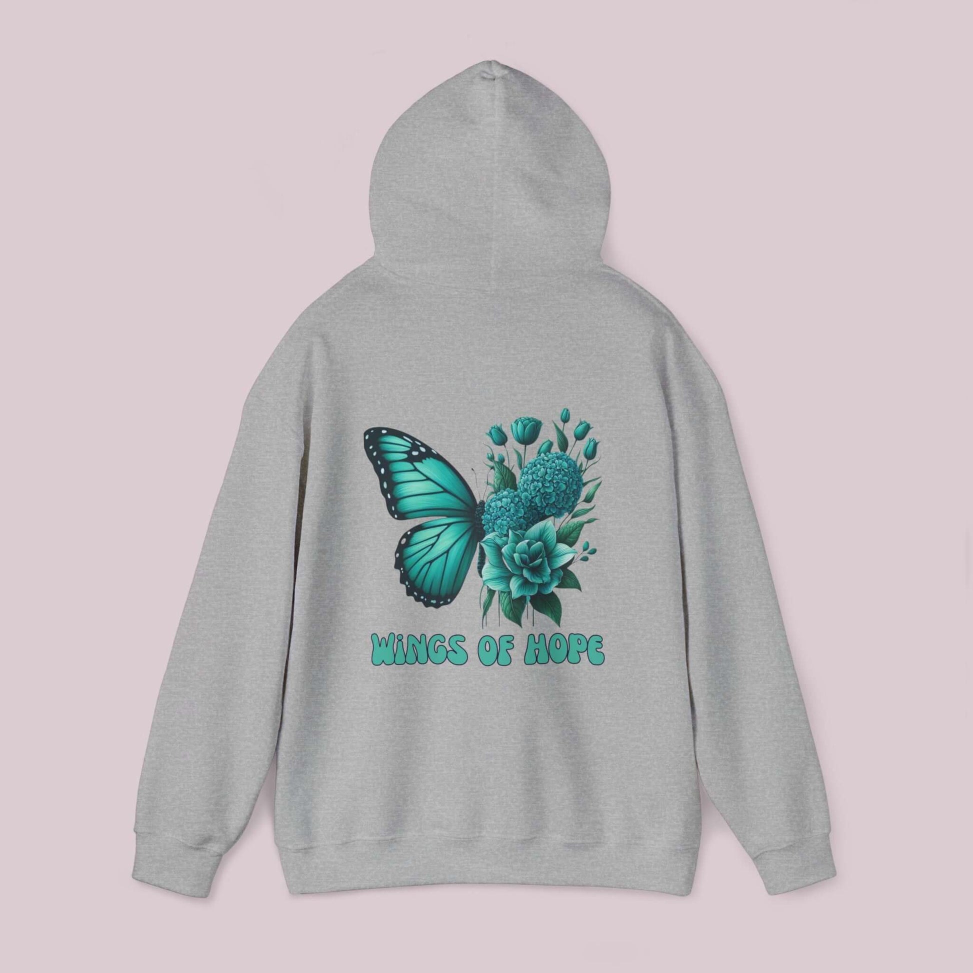 "Wings Of Hope Butterfly and Flowers Hoodie with teal butterfly and floral design on soft gray fabric"