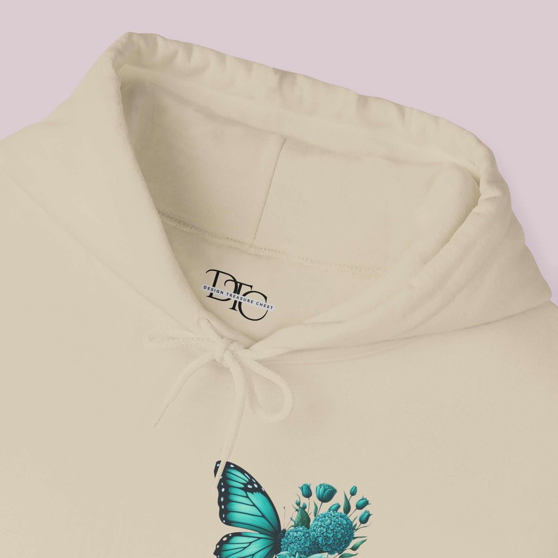 "Wings Of Hope Butterfly and Flowers Hoodie with teal butterfly and floral design on soft high-quality fabric"