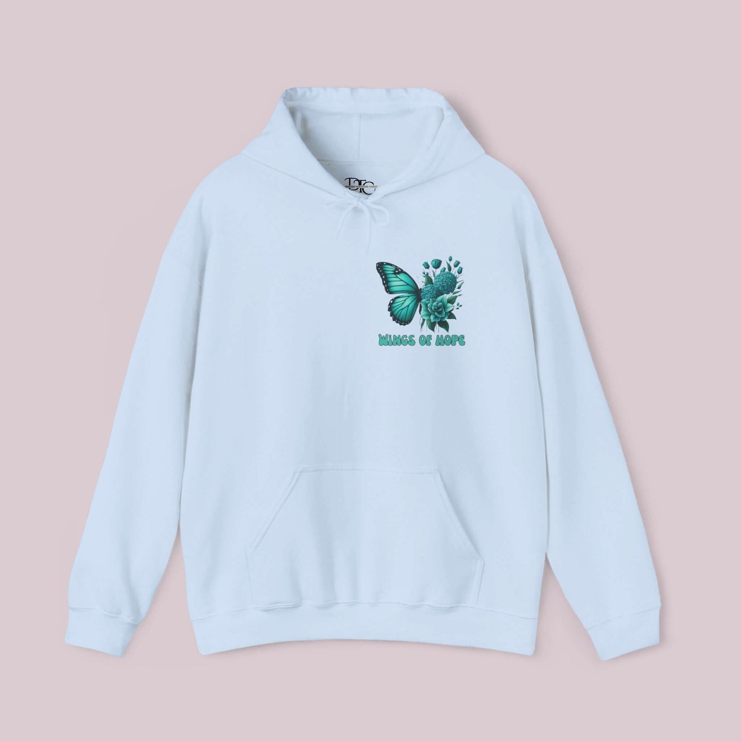 "Wings Of Hope Butterfly and Flowers Hoodie in soft white fabric, featuring a green butterfly and flowers design, cozy and inspiring wear"