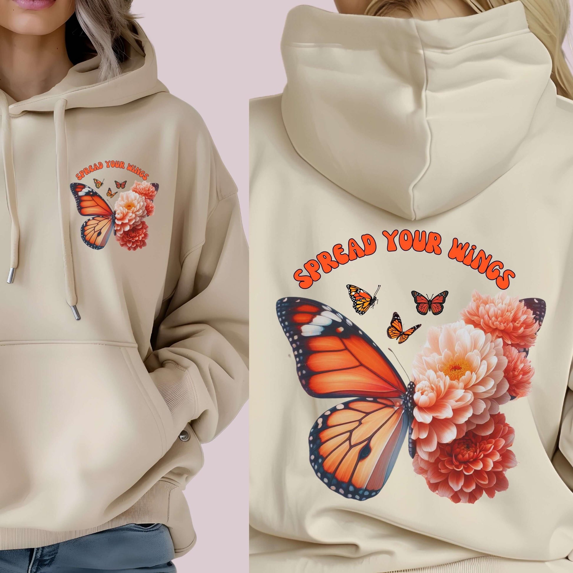 Beige hoodie with butterfly and flowers design, featuring "Spread Your Wings" text on the front and back.