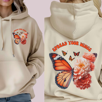 Beige hoodie with butterfly and flowers design, featuring "Spread Your Wings" text on the front and back.